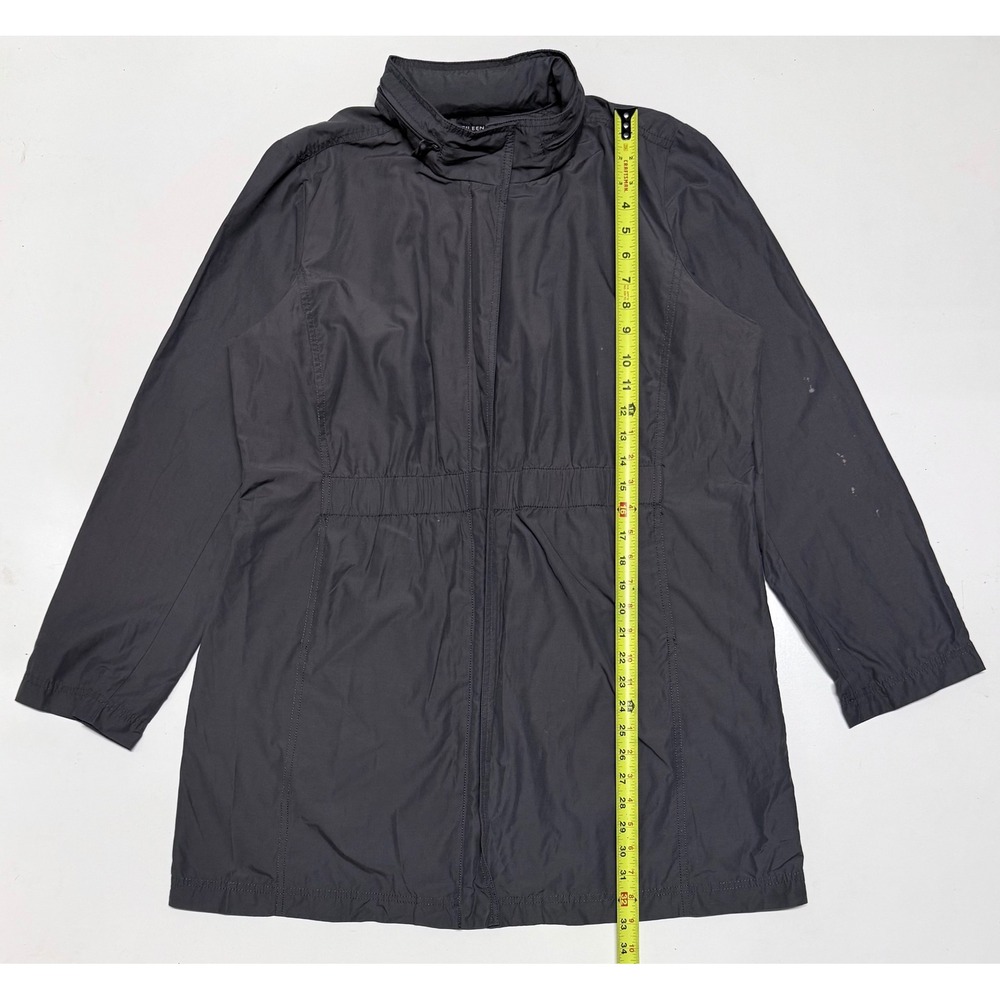 Eileen Fisher Gray Utility Jacket Zip Front Packable Hood Cotton Nylon Blend